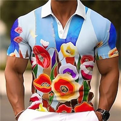 Casual Polo Floral 3D Print Polo Shirts Men's Golf Polo Short Sleeve Turndown Polo Shirts Blue Purple Autumn  Fall Outdoor Casual Daily Streetwear S M L Lapel Polo Lightinthebox