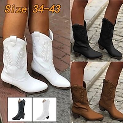 Women's Boots Cowboy Boots Plus Size Cowgirl Boots Outdoor Daily Mid Calf Boots Embroidery Block Heel Chunky Heel Round Toe Vintage Casual Minimalism PU Loafer Floral Black White Brown Lightinthebox