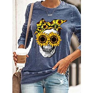 Women's Halloween Floral Theme Painting T shirt Skull Sunflower Long Sleeve Print Round Neck Basic Halloween Tops Blue Wine Gray miniinthebox
