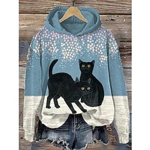Women's Hoodie Sweatshirt Pullover Active Sportswear Print Blue Cat Casual Sports Hoodie Long Sleeve Top Micro-elastic Fall  Winter Lightinthebox