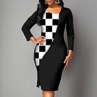 Women's Work Dress Sheath Dress Midi Dress Green Black Purple Long Sleeve Geometric Print Winter Fall Autumn Crew Neck Modern Winter Dress Fall Dress Loose Fit 2022 S M L XL 2XL 3XL 4XL 5XL Lightinthebox