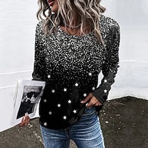 Women's T shirt Tee Green Black Blue Star Print Long Sleeve Daily Weekend Basic Round Neck Regular Painting S Lightinthebox