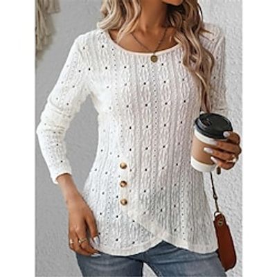 Women's Shirt Blouse Wrap Eyelet top Cotton Plain Casual White Patchwork Button Long Sleeve Fashion Modern Round Neck Regular Fit Spring Lightinthebox