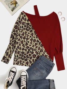 Leopard Patchwork One Shoulder Long Sleeves Blouse