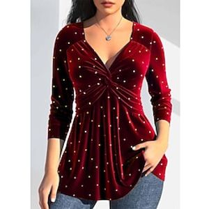 Women's Shirt Blouse Velvet Sparkly Red Blue Purple Flowing tunic Rhinestone Long Sleeve Party Casual Fashion V Neck Regular Fit Fall  Winter miniinthebox