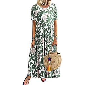 Women's A Line Dress Maxi long Dress Green Short Sleeve Leaf Ruched Pleated Print Spring Summer Round Neck Active Casual Holiday Loose 2021 S M L XL XXL  Cotton Lightinthebox