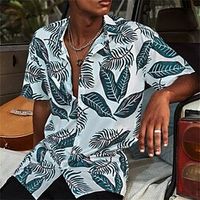 Men's Shirt Leaves Turndown Street Casual Button-Down Short Sleeve Tops Casual Fashion Comfortable Beach Green  White Lightinthebox - thumbnail