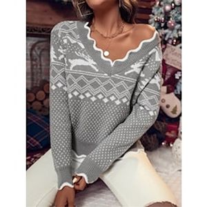Women's Ugly Christmas Sweater Pullover Sweater Jumper Casual Sweater V Neck Ribbed Knit Polyester Knitted Fall Winter Short Outdoor Christmas Holiday Stylish Casual Soft Long Sleeve Geometric Elk Lightinthebox