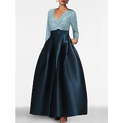 A-Line Evening Gown Elegant Dress Formal Ankle Length Long Sleeve V Neck Satin with Pleats Sequin Slit 2023 Lightinthebox
