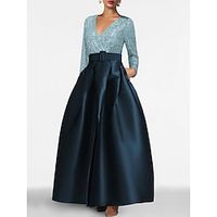 A-Line Evening Gown Elegant Dress Formal Ankle Length Long Sleeve V Neck Satin with Pleats Sequin Slit 2023 Lightinthebox - thumbnail