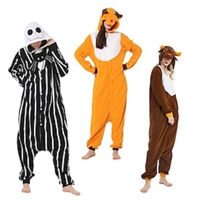 Adults' Kigurumi Pajamas Nightwear Onesie Pajamas Skeleton Reindeer Animal Jack Skellington Animal Onesie Pajamas Cute Polar Fleece polyester fibre Cosplay For Men's Women's Animal Sleepwear Cartoon Lightinthebox