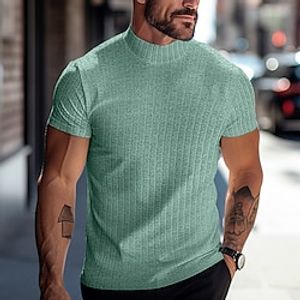 Men's T shirt Tee Turtleneck shirt Ribbed Knit tee Tee Top Plain Pit Strip Turtleneck Street Vacation Short Sleeves Slim Fit Clothing Apparel Fashion Designer Basic Lightinthebox