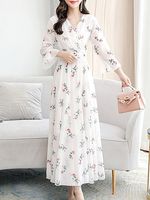 V Neck Floral Printed Maxi Dress - thumbnail