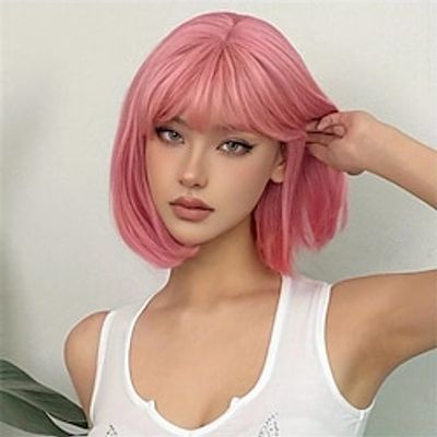 Brown 14 Inch Bob Short Straight Hair Wigs With Bangs Cute Synthetic Fiber Women's Wigs For Daily Halloween Party Cosplay Use Christmas Party Wigs Lightinthebox