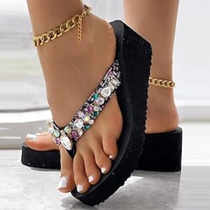Women's Slippers Flip-Flops Flip-Flops Beach Slippers Daily Beach Summer Rhinestone Wedge Heel Open Toe Sporty Casual Canvas Loafer Solid Color Black Beige Lightinthebox