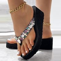 Women's Slippers Flip-Flops Flip-Flops Beach Slippers Daily Beach Summer Rhinestone Wedge Heel Open Toe Sporty Casual Canvas Loafer Solid Color Black Beige Lightinthebox - thumbnail