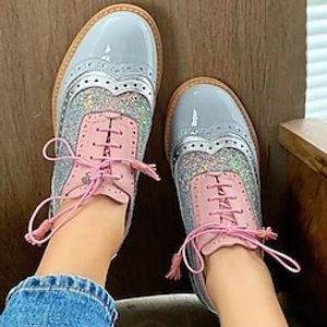 Women's Heels Oxfords Vintage Shoes Brogue Party Outdoor Daily Flat Heel Round Toe Vacation Cute Elegant Leather Lace-up Color Block Light Pink Pink Blue miniinthebox