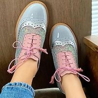 Women's Heels Oxfords Vintage Shoes Brogue Party Outdoor Daily Flat Heel Round Toe Vacation Cute Elegant Leather Lace-up Color Block Light Pink Pink Blue miniinthebox - thumbnail
