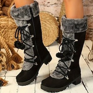 Women's Boots Suede Shoes Plus Size Lace Up Boots Daily Fleece Lined Mid Calf Boots Block Heel Chunky Heel Round Toe Vintage Elegant Plush Faux Suede Lace-up Black Purple Brown miniinthebox
