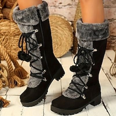 Women's Boots Suede Shoes Plus Size Lace Up Boots Daily Fleece Lined Mid Calf Boots Block Heel Chunky Heel Round Toe Vintage Elegant Plush Faux Suede Lace-up Black Purple Brown miniinthebox