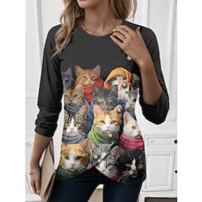Women's T shirt Tee Cat Dog Casual Black White Rainbow Print Long Sleeve Fashion Funny Round Neck Regular Fit Spring   Fall Lightinthebox