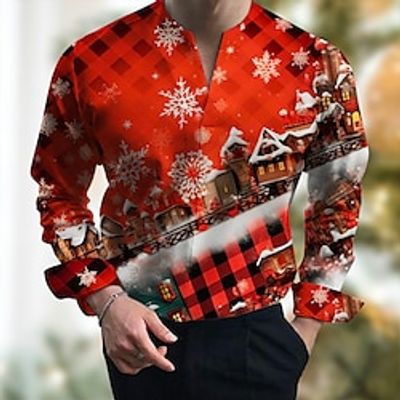 Snowflake House Casual Men's Shirt Outdoor Christmas Street Fall  Winter Split Neck Long Sleeve Black Burgundy Green S M L Shirt Lightinthebox