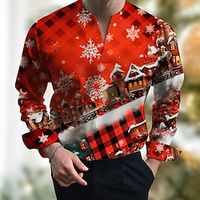 Snowflake House Casual Men's Shirt Outdoor Christmas Street Fall  Winter Split Neck Long Sleeve Black Burgundy Green S M L Shirt Lightinthebox - thumbnail