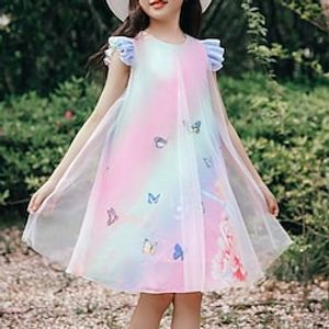 Girls' A Line Dress Tulle Dress Short Sleeve Color Block Rainbow Butterfly 3D Printed Graphic Dresses Cute Beautiful Above Knee Cotton Tulle Dress Summer Spring Kids Daily Regular Fit Mesh Print miniinthebox