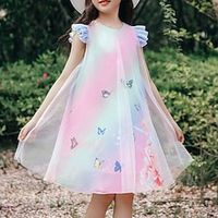 Girls' A Line Dress Tulle Dress Short Sleeve Color Block Rainbow Butterfly 3D Printed Graphic Dresses Cute Beautiful Above Knee Cotton Tulle Dress Summer Spring Kids Daily Regular Fit Mesh Print miniinthebox - thumbnail