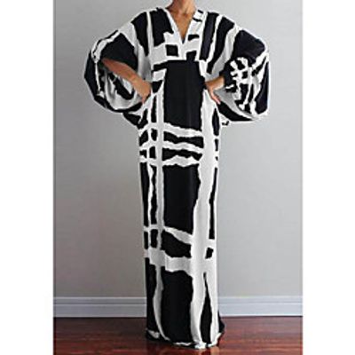 Women's Shift Dress Maxi long Dress Rainbow White Black Brown Beige Long Sleeve Print Patchwork Print Fall Spring V Neck Casual Loose 2021 S M L XL XXL 3XL miniinthebox