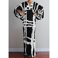 Women's Shift Dress Maxi long Dress Rainbow White Black Brown Beige Long Sleeve Print Patchwork Print Fall Spring V Neck Casual Loose 2021 S M L XL XXL 3XL miniinthebox - thumbnail