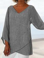 V-neck Casual Loose Striped Print Long Sleeve Blouse