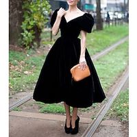 A-Line Cocktail Dresses Vintage Black Dress Formal Velvet Halloween Tea Length Short Sleeve V Neck Fall Wedding Guest with Ruffles 2023 Lightinthebox