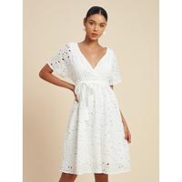 Women's 100% Cotton White Dress Floral A Line V Neck Mini Dress with Belt