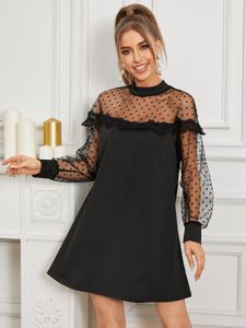 Black Lace Trim See Through Design Mesh Design Long Sleeves Mini Dress