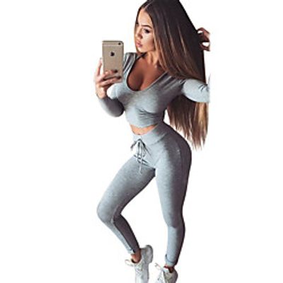 Women's 2pcs Tracksuit Yoga Suit Summer Drawstring Solid Color Grey Black Fitness Gym Workout Running High Waist Hoodie Crop Top Skinny Pants Long Sleeve Sport Activewear Tummy Control Butt Lift miniinthebox
