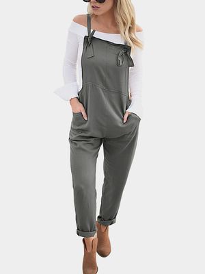 Grey Square Neck Sleeveless Overall Outfits Grey Square Neck Sleeveless Overall Outfits