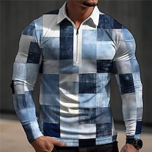 Plaid  Check Men's Casual Print 3D Waffle Polo Shirt Golf Polo Outdoor Casual Daily Streetwear Polyester Long Sleeve Turndown Zip Polo Shirts Blue Green Spring S M L Micro-elastic Lapel Polo Lightinthebox