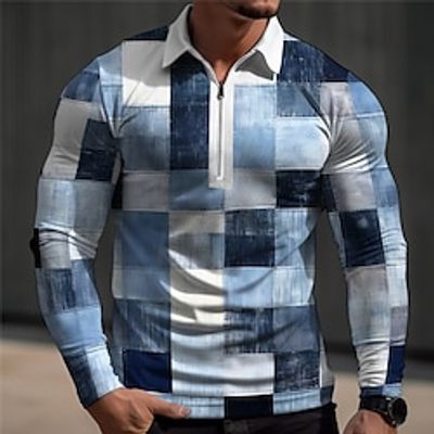 Plaid  Check Men's Casual Print 3D Waffle Polo Shirt Golf Polo Outdoor Casual Daily Streetwear Polyester Long Sleeve Turndown Zip Polo Shirts Blue Green Spring S M L Micro-elastic Lapel Polo Lightinthebox