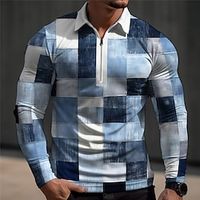 Plaid  Check Men's Casual Print 3D Waffle Polo Shirt Golf Polo Outdoor Casual Daily Streetwear Polyester Long Sleeve Turndown Zip Polo Shirts Blue Green Spring S M L Micro-elastic Lapel Polo Lightinthebox - thumbnail