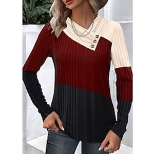 Women's T shirt Tee Textured Color Block Red Button Print Long Sleeve Daily Weekend Fashion V Neck Regular Fit Spring   Fall Lightinthebox