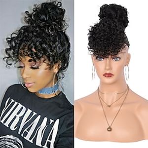 Afro Updo Bun with Curly Hair Bangs Short Curly Wavy Ponytail Hair Extensions Clip in Wrap Updo Hairpiece for Women miniinthebox