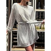 Women's Sequin Dress Casual Dress Summer Dress Mini Dress Lace up Sequins Carnival Street Date Streetwear Crew Neck Long Sleeve Regular Fit Silver Black Red Color S M L XL 2XL Size Lightinthebox - thumbnail