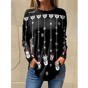 Women's T shirt Tee Christmas Shirt Snowman Reindeer Black Lace Print Long Sleeve Christmas Weekend Festival  Holiday Square Neck Regular Fit Spring   Fall Lightinthebox