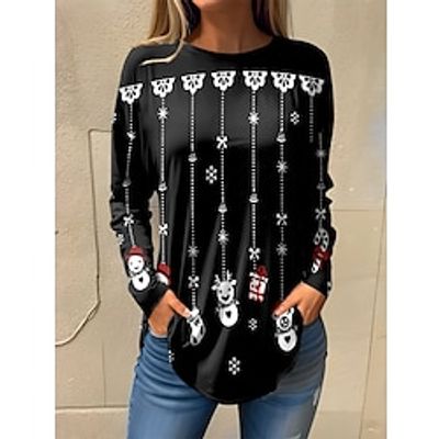 Women's T shirt Tee Christmas Shirt Snowman Reindeer Black Lace Print Long Sleeve Christmas Weekend Festival  Holiday Square Neck Regular Fit Spring   Fall Lightinthebox