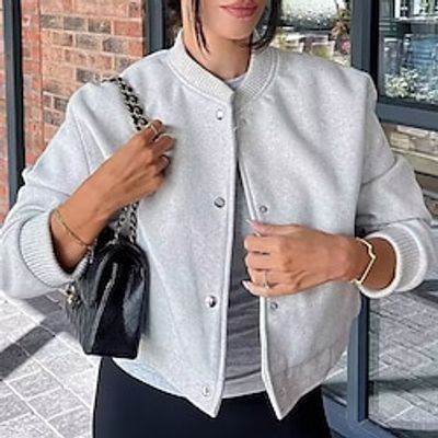 Women's Bomber Jacket Street Daily Wear Vacation Fall Winter Short Coat Regular Fit Warm Breathable Stylish Casual Street Style Jacket Long Sleeve Plain with Pockets Black Gray Lightinthebox