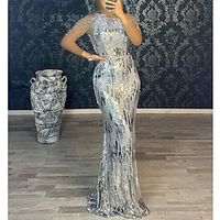 Mermaid  Trumpet Evening Gown 1920s Dress Masquerade Black Tie Floor Length Short Sleeve Jewel Neck Black Dress Sequined with Fringe Tassel 2023 Lightinthebox - thumbnail