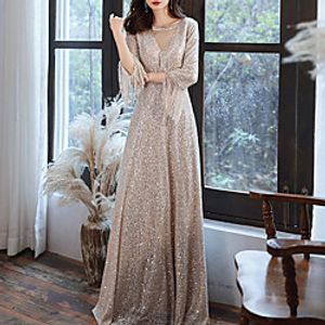 A-Line Sparkle White Engagement Formal Evening Dress V Neck 34 Length Sleeve Floor Length Sequined with Sequin 2021 Lightinthebox
