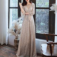 A-Line Sparkle White Engagement Formal Evening Dress V Neck 34 Length Sleeve Floor Length Sequined with Sequin 2021 Lightinthebox - thumbnail