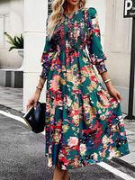 Women's Retro Floral Print Pleated Full Hem Long Sleeve Maxi Dress